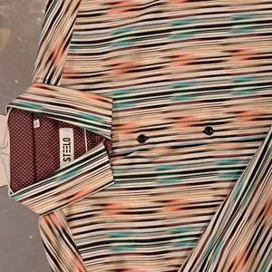 Steelo, Size Large, Bluish/Pink Striped, Long Sleeve Casual Shirt